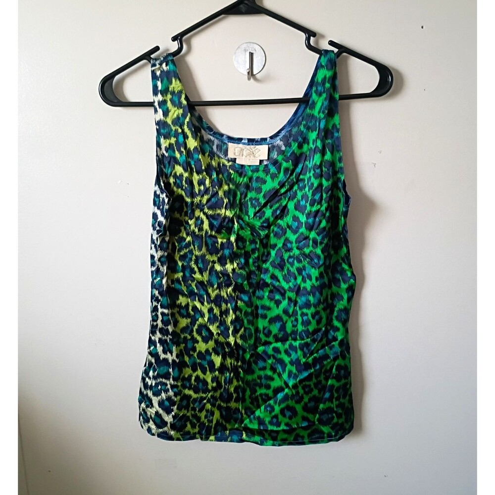 Vintage Cache Y2K Silk Leopard Print Tank Top Womens S Green Blue Ruched Stretch